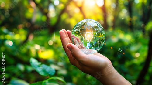 Woman holding a crystal ball with a green tree inside, symbolizing environmental care and protection.