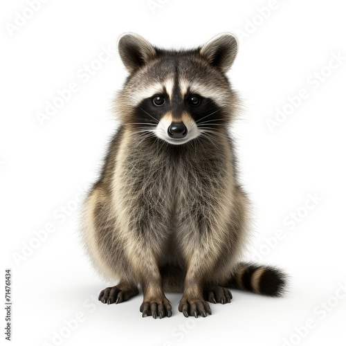Cute raccoon standing on a white background, looking curious with detailed fur texture.
