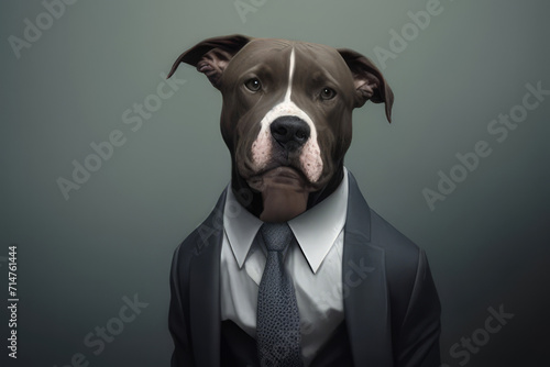 Office worker concept of an obedient employee Generative AI. dog in a business suit in the office. photo
