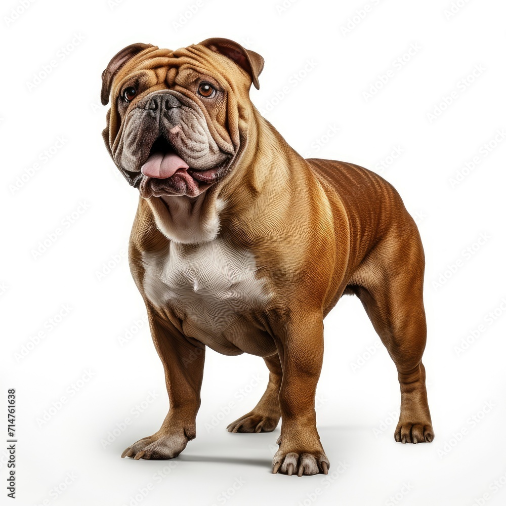 Bulldog standing against a white background, looking to the side with tongue out.