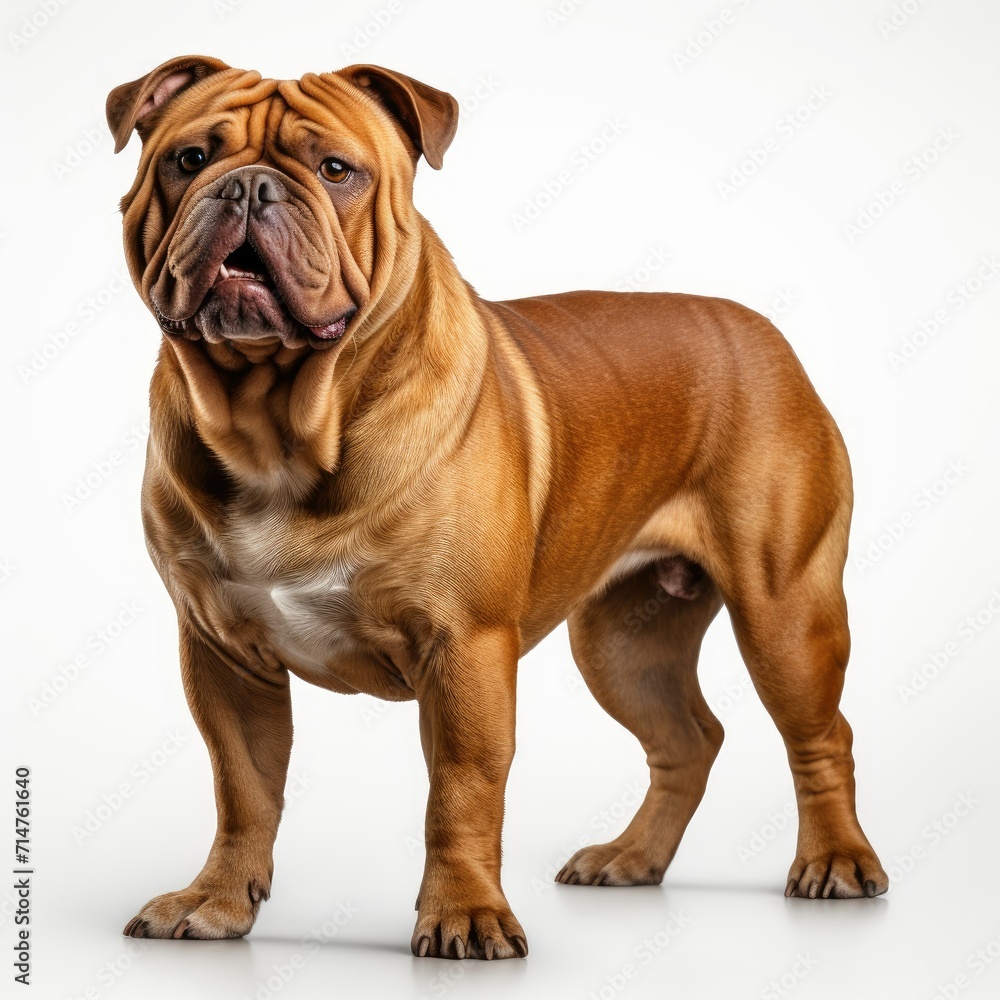 Majestic bulldog standing against a white background, showcasing its muscular build and distinctive wrinkled face. Majestic bulldog standing against a white background, showcasing its muscular build and distinctive wrinkled face.