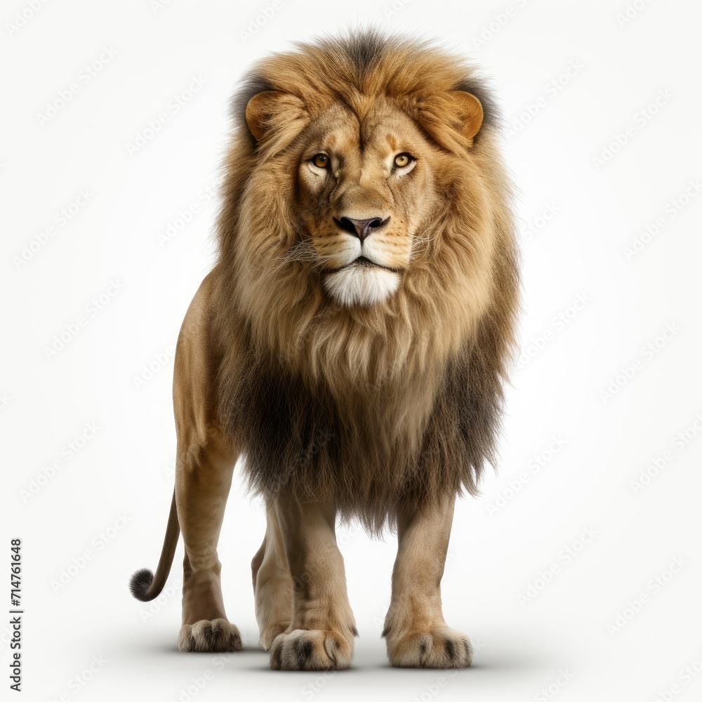 Majestic lion standing, isolated on a white background.