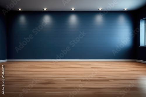 Blue wall in an empty room with a lamp.Generative AI