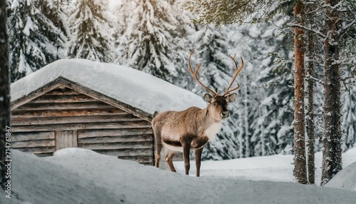 Noble deer in winter forest in Finnish Lapland against the background of a snow-covered forest huts © Ramkishan