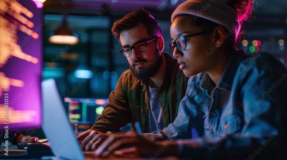Fototapeta premium Couple Looking at Laptop, Technology and Togetherness