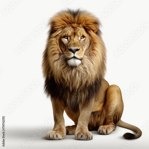 Majestic lion sitting isolated on a white background, displaying its regal mane and intense gaze.