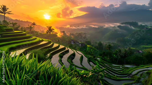 Terraced rice fields in Bali at sunset, Indonesia