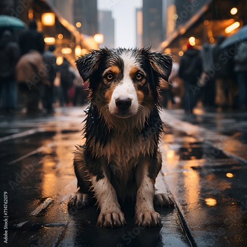 Rainy Street Encounter: Soaked Dog Amidst a Crowd