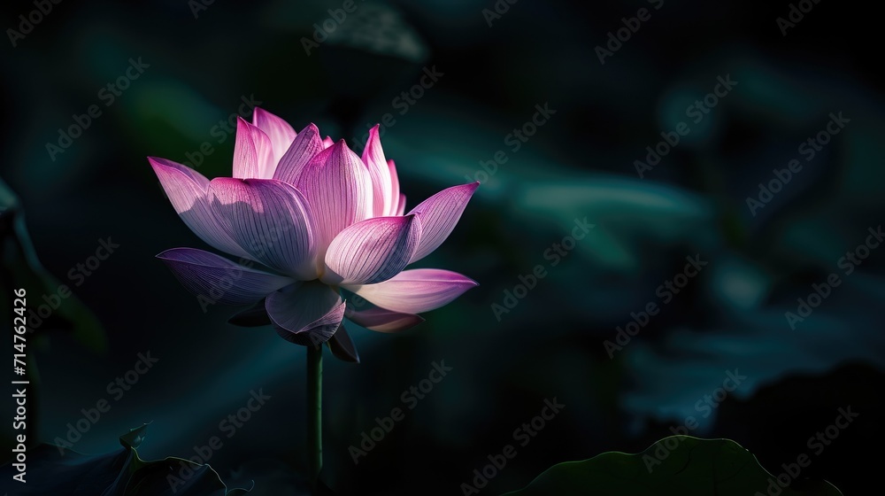 Obraz premium Serene lotus flower in bloom, highlighted by soft sunlight against a dark, tranquil water background.