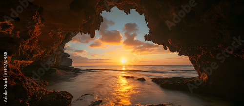 Beautiful sunset at the beach. Panoramic view of the sea and the cave