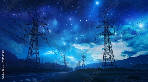 Night Scene With Power Lines and Stars in the Sky