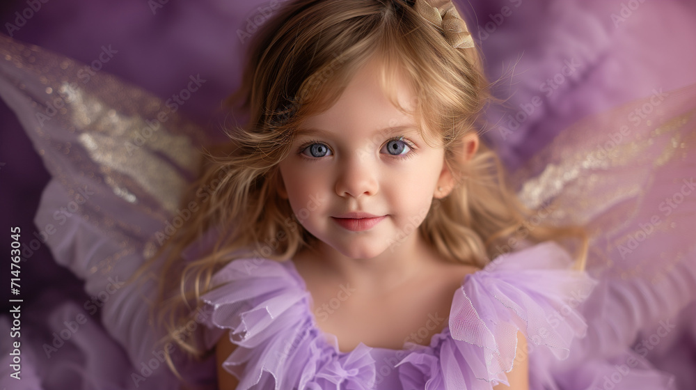 Portrait of a little girl adorned in a charming violet dress and delicate fairy wings. Portrayal of childhood magic and innocence. Portrait of a little girl adorned in a charming violet dress and delicate fairy wings. Portrayal of childhood magic and innocence.