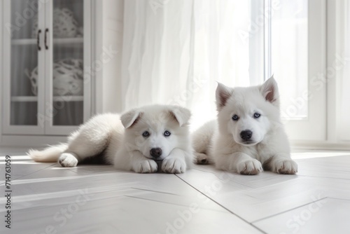 Cute white husky puppies lying on the floor in the room