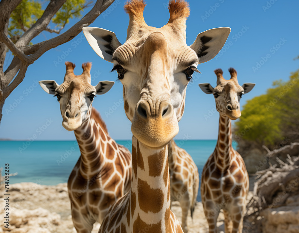 Naklejka premium Three curious giraffes create a charming and whimsical scene as they lean inquisitively towards the camera.