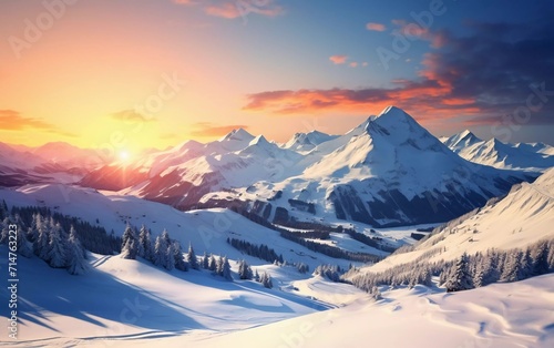 illustration of a beautiful view of the sun above the snow mountain slopes, a very stunning view © Harjo