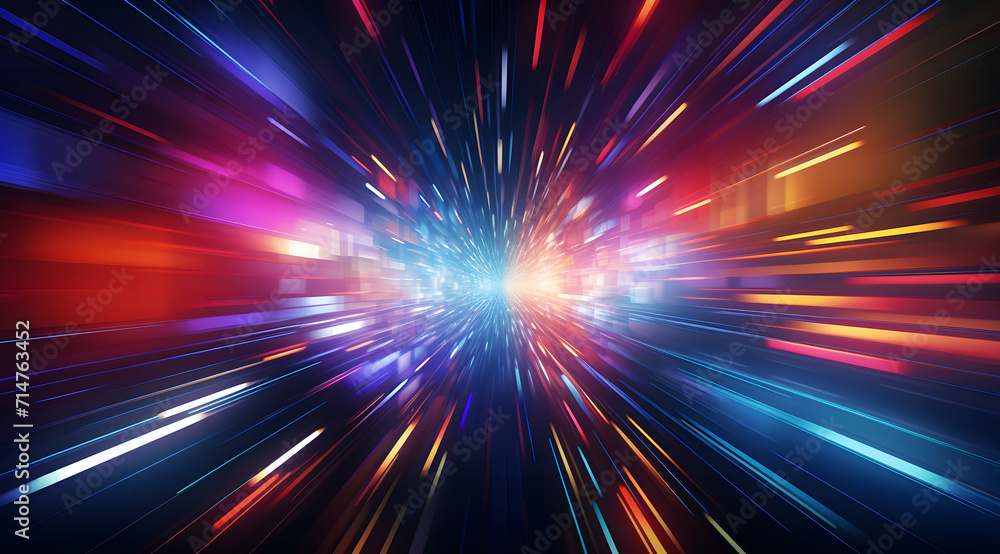 Colorful neon light lines running down on black background. Abstract neon light background, moving high speed, hyperspace, space scene, spotlight, dark night, futurism, light beams.