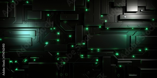 Abstract dark technology background with green lights and futuristic shapes.