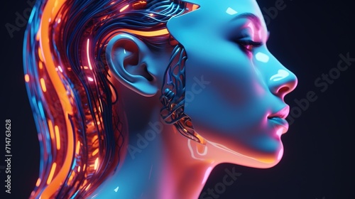 Side View of A Humanoid Head with Vibrant Neon Neural Network, Futuristic Technology 
