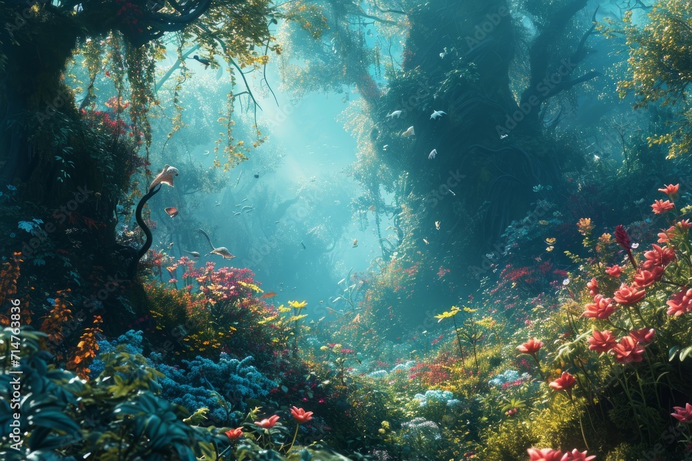 Fototapeta premium Enchanted dream gardens, blooming with fantastical flora and magical creatures - Generative AI