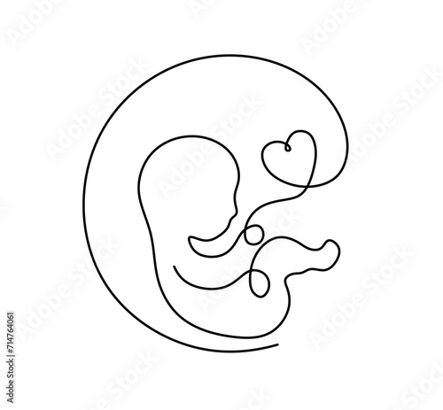 Vector isolated embryo baby inside in the uterus with an umbilical cord side view one single contemporary line art colorless black and white contour line easy drawing