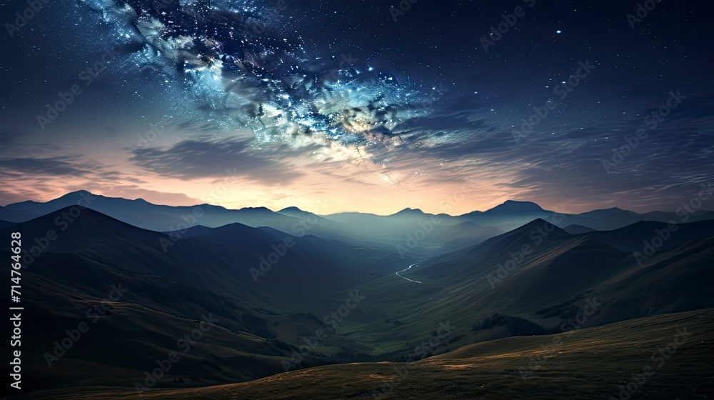 Astrophotography, A stunning astrophotography scene capturing the Milky Way over a serene mountain landscape
