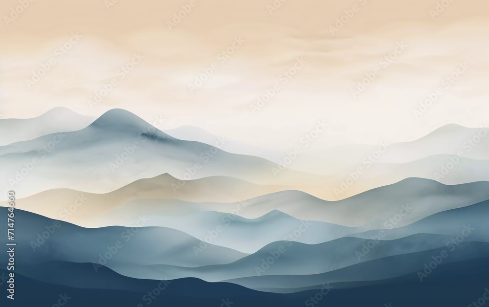 Vector illustration of mountain background. Minimal landscape art with watercolor brushes and a very striking gold line art texture