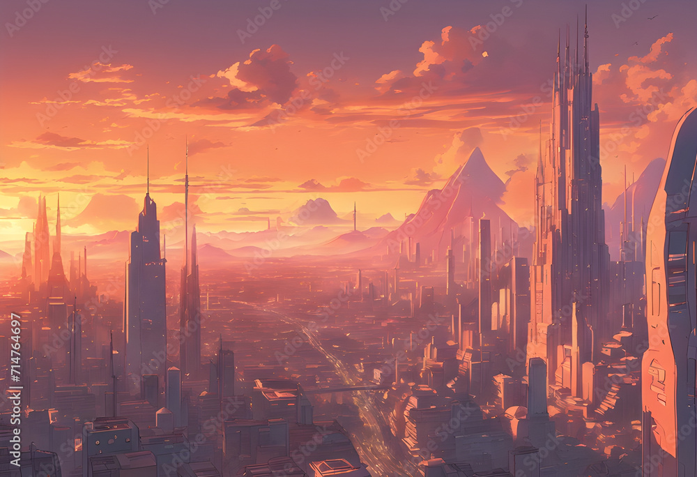 Naklejka premium Futuristic Metropolis and Tower Buildings Panorama from Aerial View with Mountain at Behind in Golden Hour Sunset
