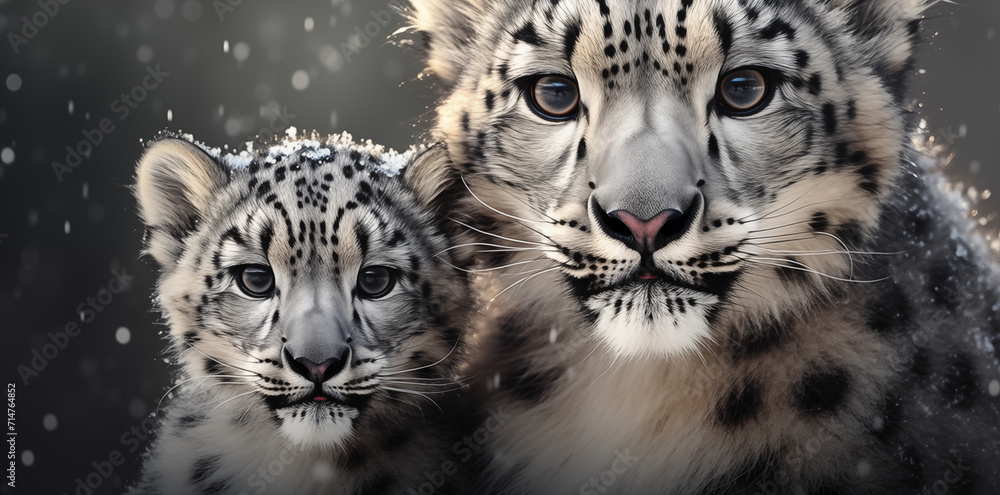 Obraz premium Scheeleopard mit Jungtier im Winter