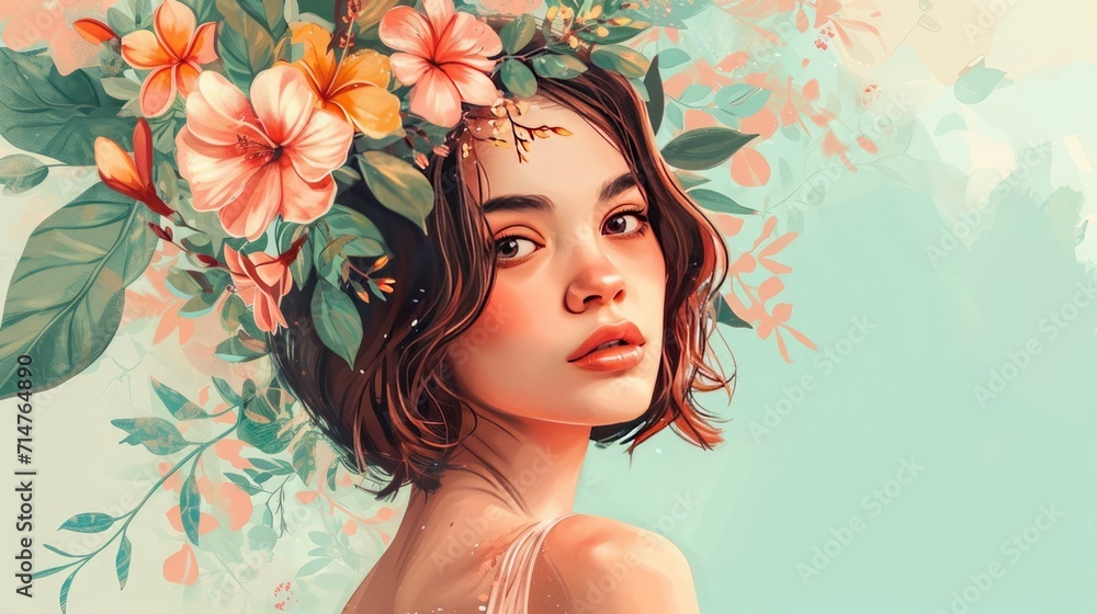 Girl with flowers in her hair, on pastel background Girl with flowers in her hair, on pastel background
