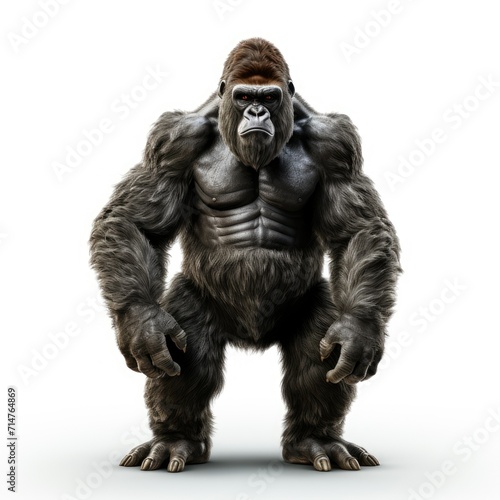 Majestic gorilla standing, isolated on a white background, with a powerful and intense gaze.