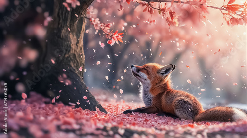 un renardeau allongé sous un cerisier qui respire le parfum des fleurs qui volent dans le vent au printemps photo