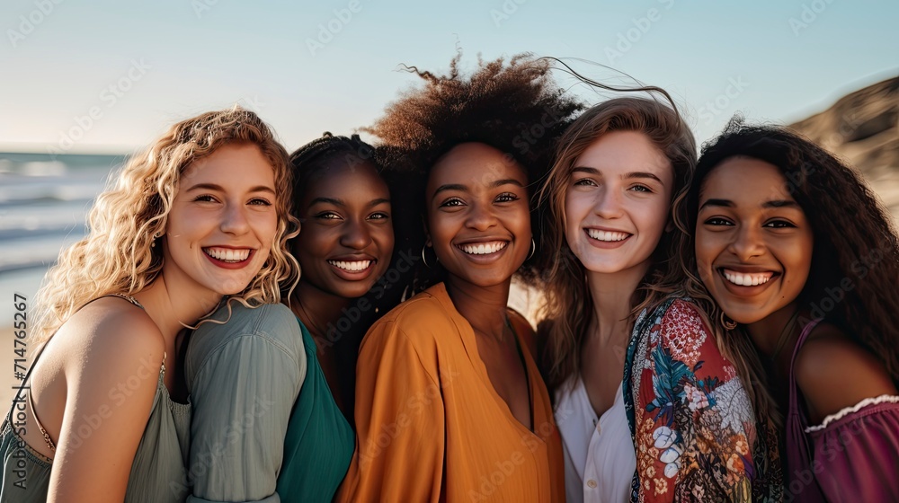 Cultural Diversity, Group of young women of diverse ethnicities in front of a beach, showcasing cultural diversity Cultural Diversity, Group of young women of diverse ethnicities in front of a beach, showcasing cultural diversity
