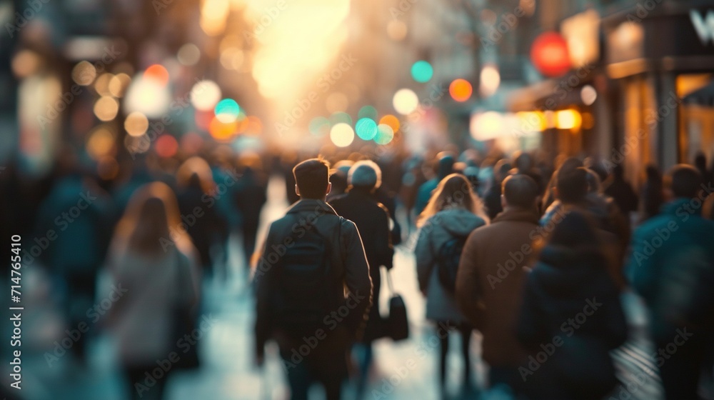 Blurred motion of people moving on a busy city street. Created with Generative Ai technology. - obrazy, fototapety, plakaty 
