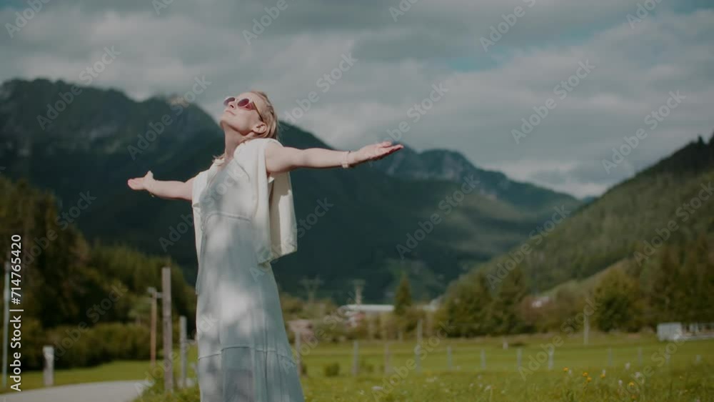 Positive Happy Daydreaming Woman Walking Outdoors Positive Happy Daydreaming Woman Walking Outdoors