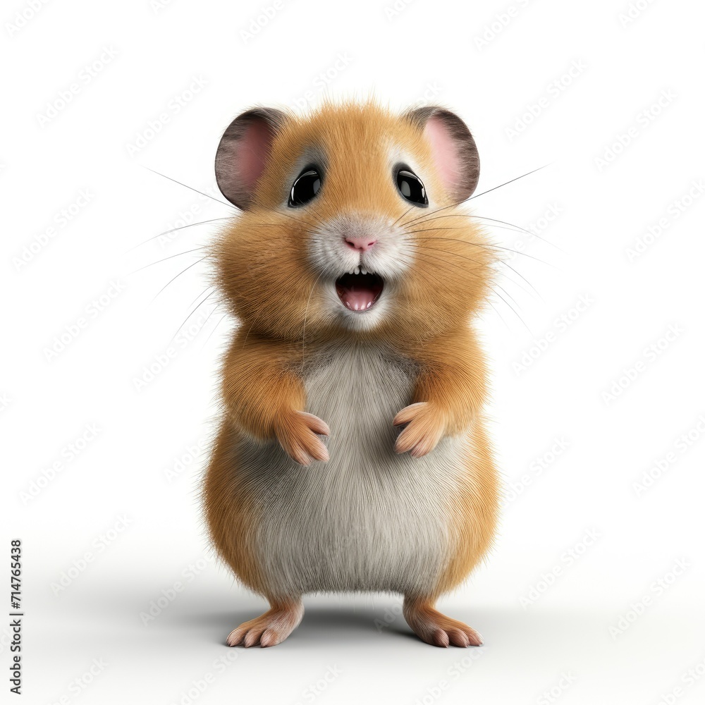 Cute brown and white hamster standing on hind legs with a surprised expression, isolated on a white background.