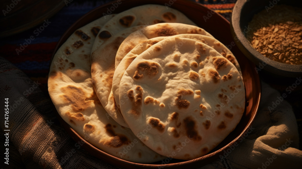 Soft and fluffy pita bread, perfect for dipping into savory dips and spreads during a Ramadan gathering Soft and fluffy pita bread, perfect for dipping into savory dips and spreads during a Ramadan gathering