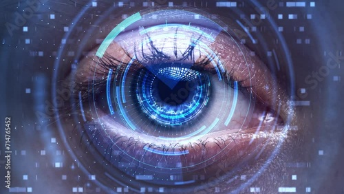 Artificial intelligence scans information. High technologies in the future. The future of digital vision technologies, security and biometrics. Implant in the human eye. Concept of hi tech.