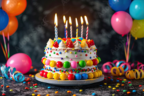 Sweet birthday cake colorful sweets an topping and burning candles with air balloons  dark background