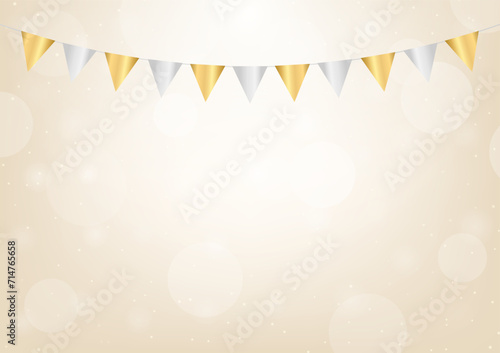 Party Flag or Festive Flag Garland on Bright Golden Background. Party Background for Party  Birthday  Celebration or Anniversary. Vector Illustration on White Background. 