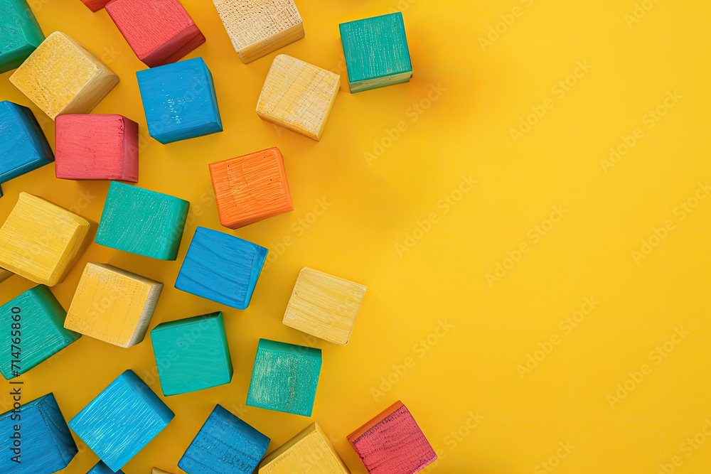 Top view on multicolor toy wooden bricks on yellow background with copy space for text. Children toys on the table. Top view on multicolor toy wooden bricks on yellow background with copy space for text. Children toys on the table.