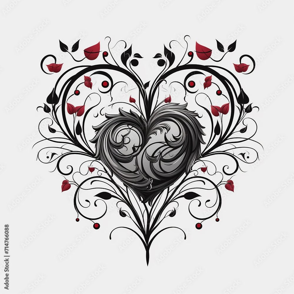 Ornate heart intertwined with floral patterns and red accents.
