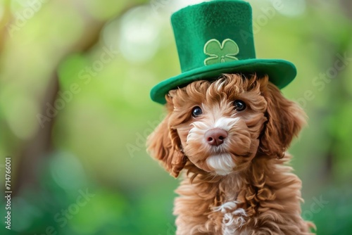 Cute labradoodle puppy dog wearing a leprechaun hat. Saint Patrick's Day theme concept. St. Patricks day with green background, Irish holiday.