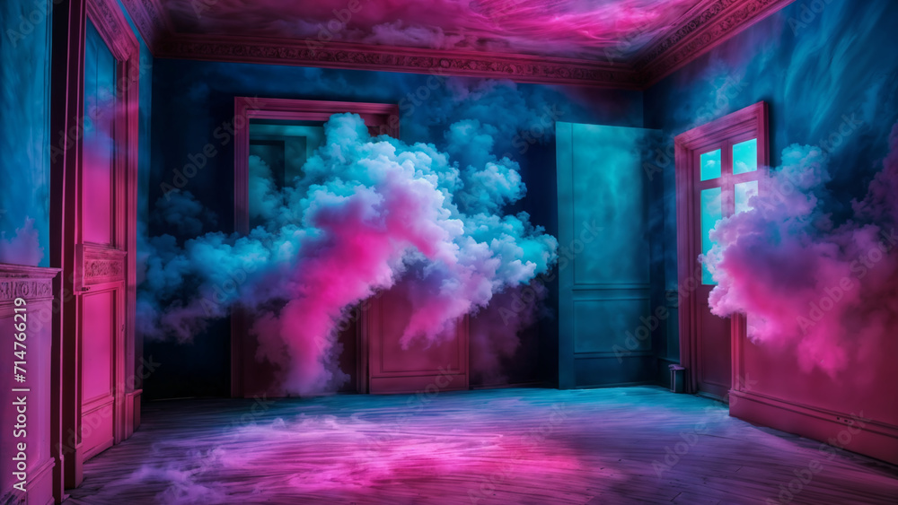 A surreal room with a blue and purple color scheme, pink smoke filling the space