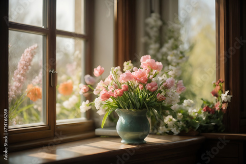  Beautiful morning with spring flowers  window  flowers 