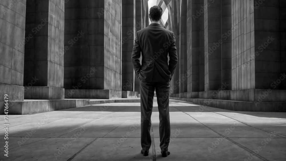 A businessman in a suit stands among modern concrete structures and looks into the distance.