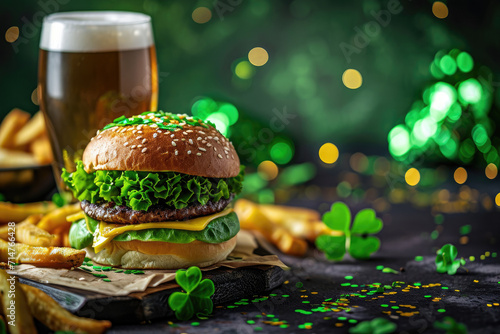 St Patrick's holiday party invitation, Irish St Patrick's day beer, ale glasses, snacks, appetizer, green burger and french fries