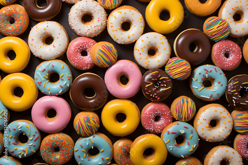 Donuts pattern. Top view of assorted glazed donuts. Colorful donuts with icing as background with copy space. Various colorful glazed doughnuts with sprinkles