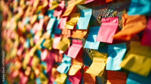 Fotografia Colorful sticky notes on a wall, symbolizing democracy, protest, and diverse opinions in a public space