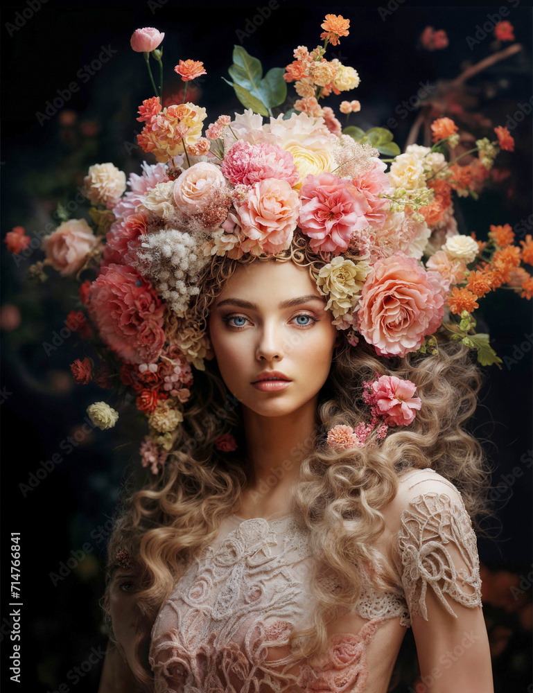 A stylish beautiful woman with a wreath of flowers dressed in a lace dress on a dark background. Romantic image of the queen of spring. Great for fashion projects, covers and more.