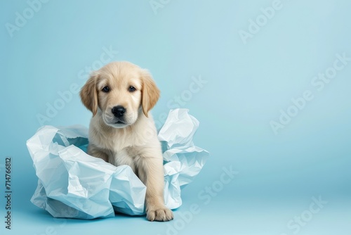 Funny cute golden retriever puppy dog with paper bags on light blue wall or paper background. Pet for shopping advertising concept
